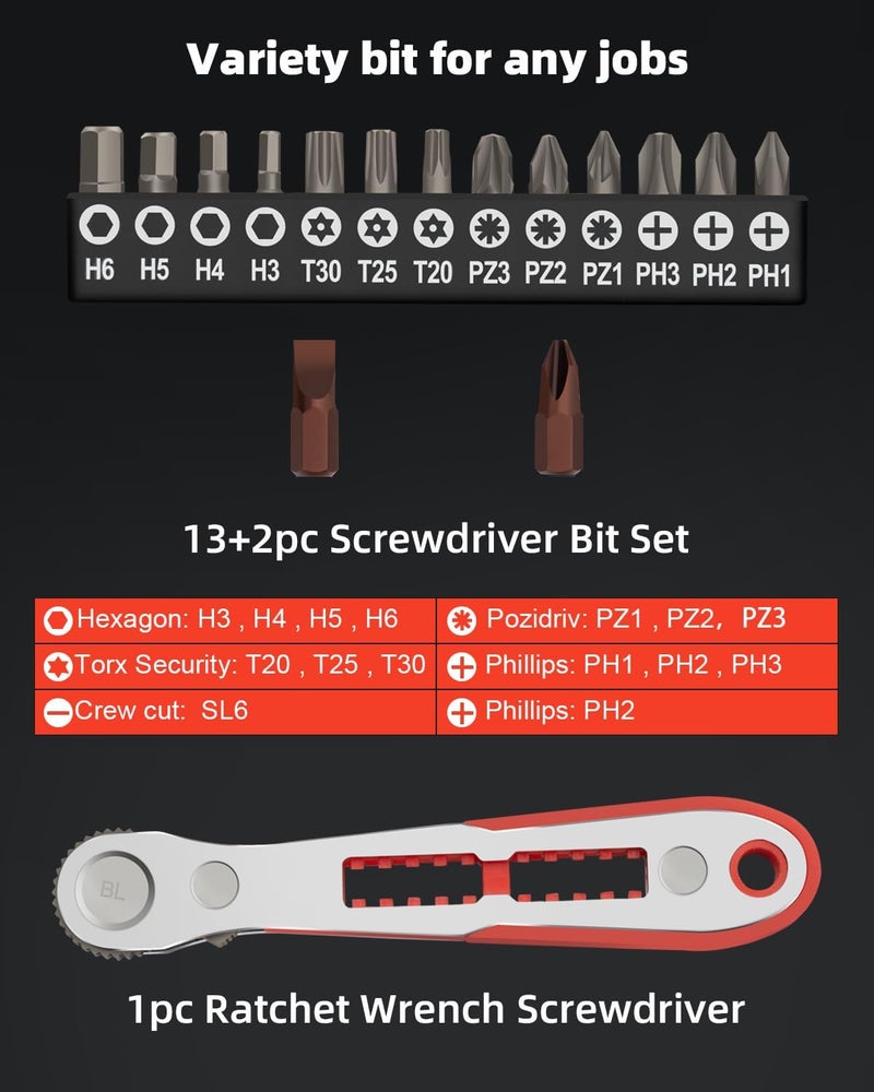 ROTATION 16pc Bit Set with 1/4 Mini Ratchet Offset Right Angle Screwdriver, Reversible Drive Handle, EDC Tool for Tight Spaces Automotive, Electronics & DIY Repair - Image 2